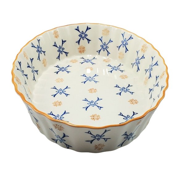 Temptations Atomic Flower Ceramic Oval Scalloped Casserole Dish Blue/Gold/Ivory - Picture 3 of 7